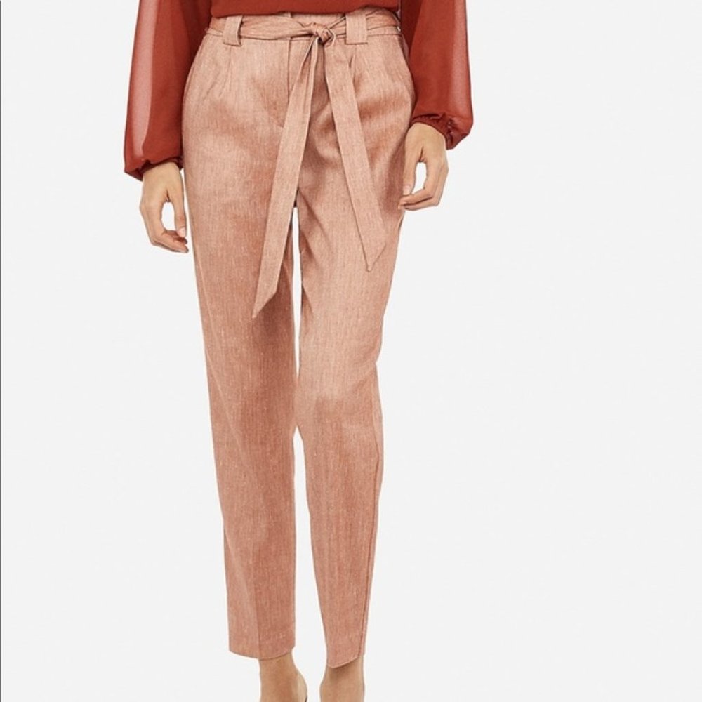 Express Linen Blend Tie Front High Waist Ankle Pants Camel | 00S